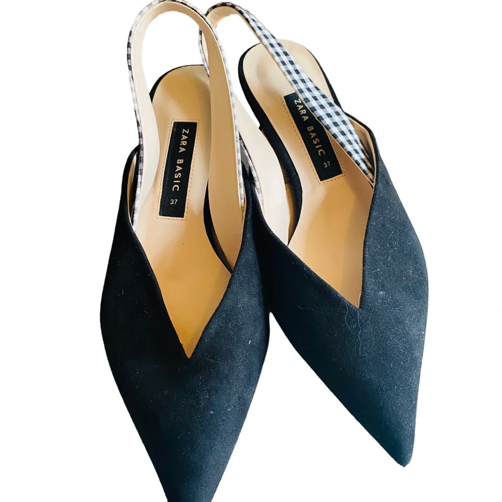 Zara Black Pointed Slingback Heels with Black-and-White Gingham Strap - Picture 5 of 8